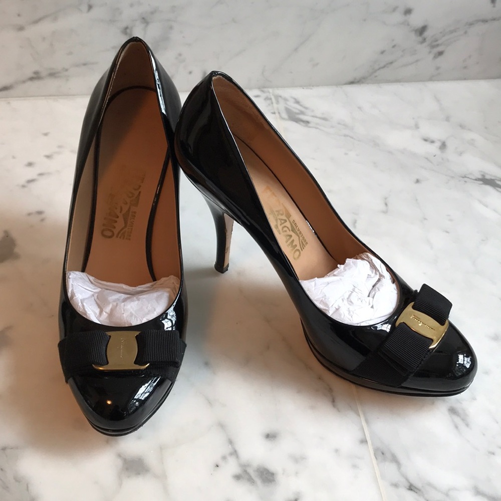 Salvatore Ferragamo Black Patent Leather Pumps